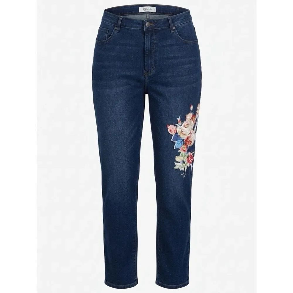 DG2 by Diane Gilman Dark Blue Straight-Leg Jeans with Floral Embroidery